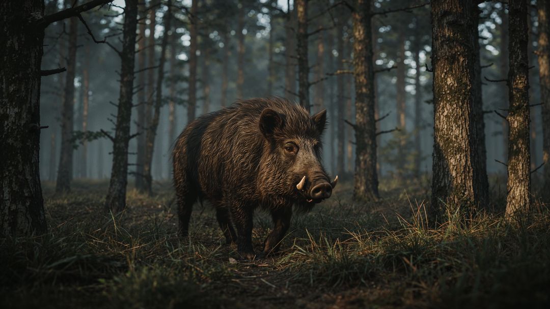 Solitary wild boar exploring misty pine forest path