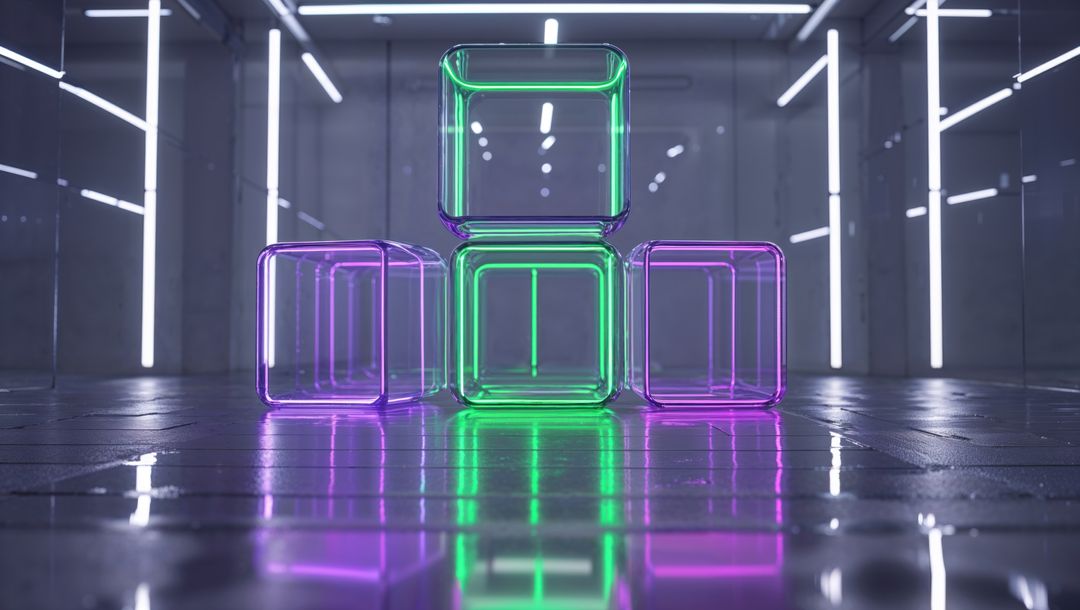 Futuristic Neon Transparent Cubes in Sci-Fi Lab Environment