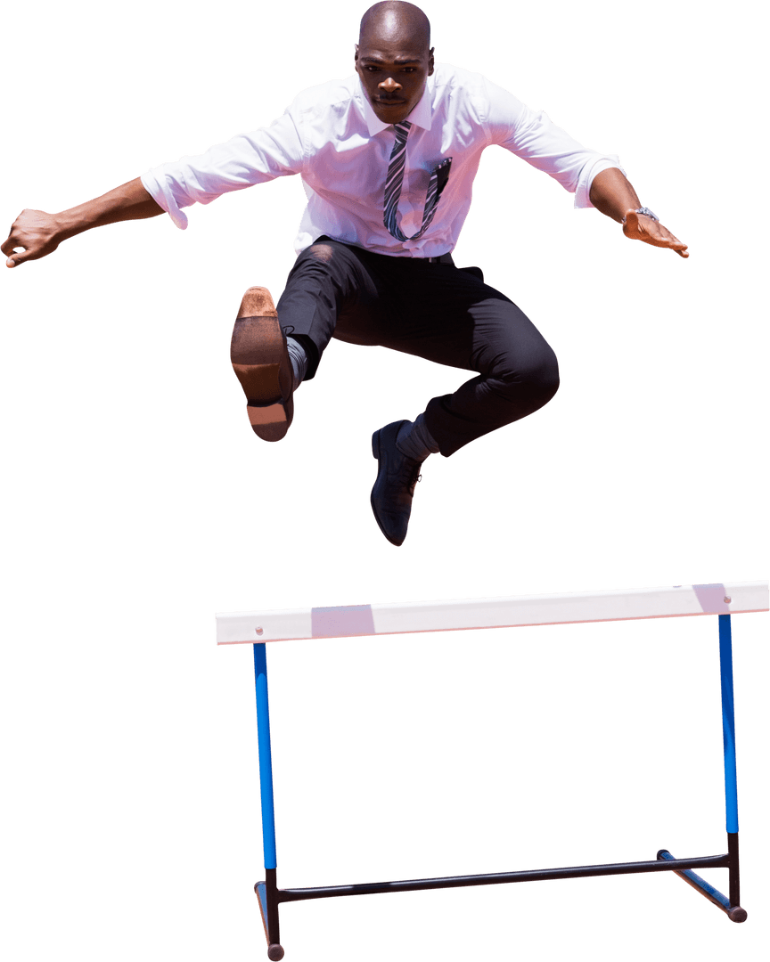 Transparent Businessman Jumping Over Hurdle on Transparent Background