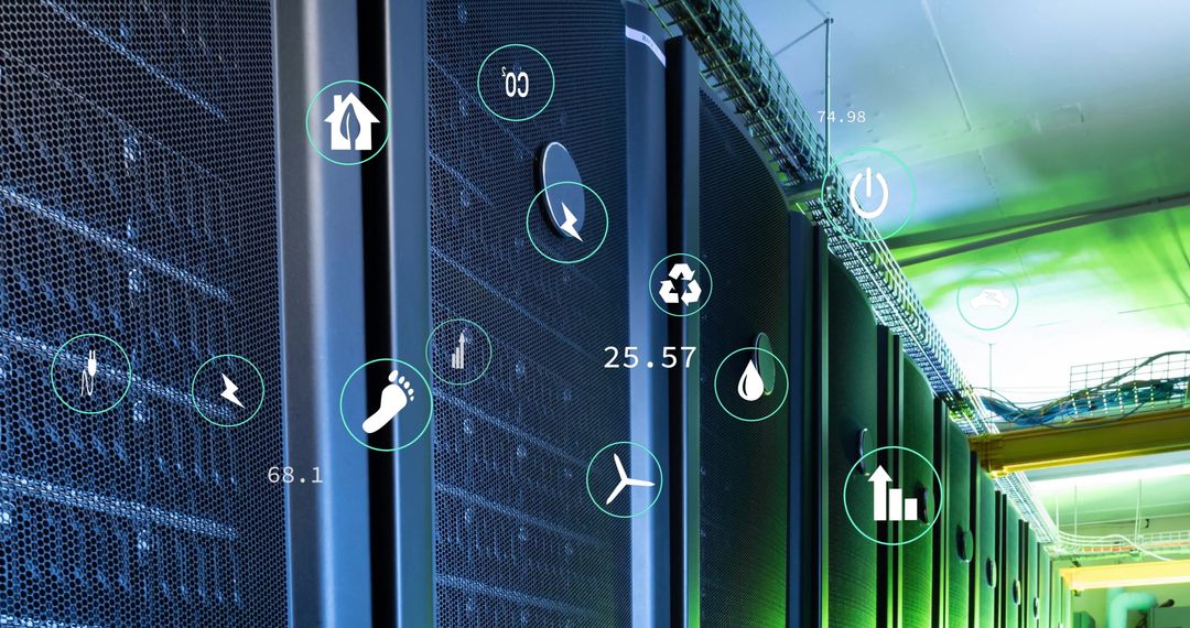 Ecology Icons with Data in Modern Server Room