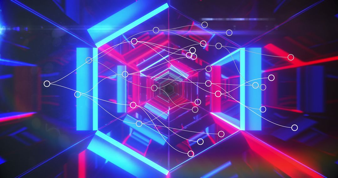 Futuristic Digital Tunnel with Glowing Neon Lights and Abstract Network