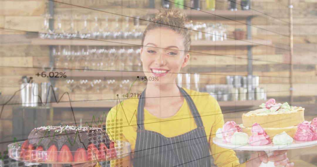 Smiling Bakery Staff Presenting Fresh Desserts with Growth Chart Overlay