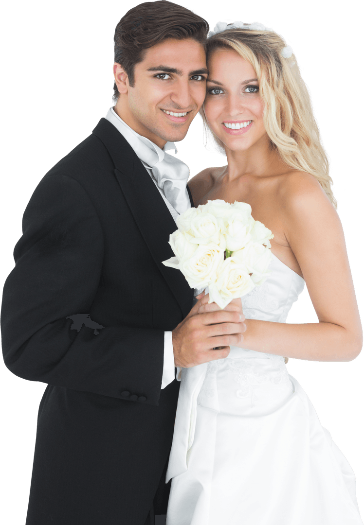 Transparent Background Smiling Newlywed Couple with Bouquet