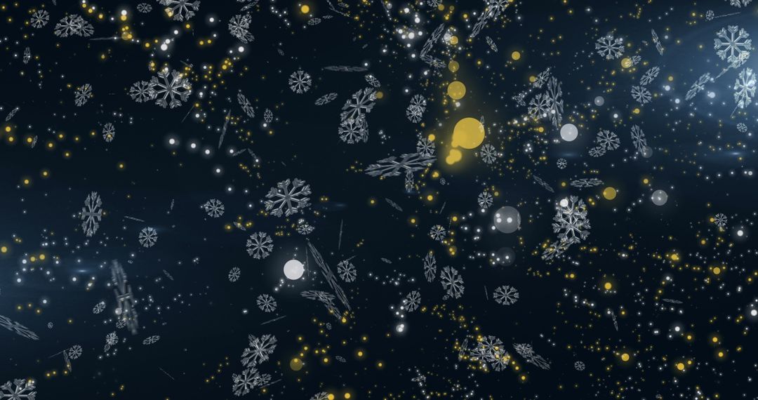 Snowflakes Fall Over Glowing Yellow Lights on Starry Night