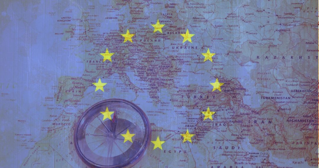 European Union Flag Overlaid on Europe Map with Compass