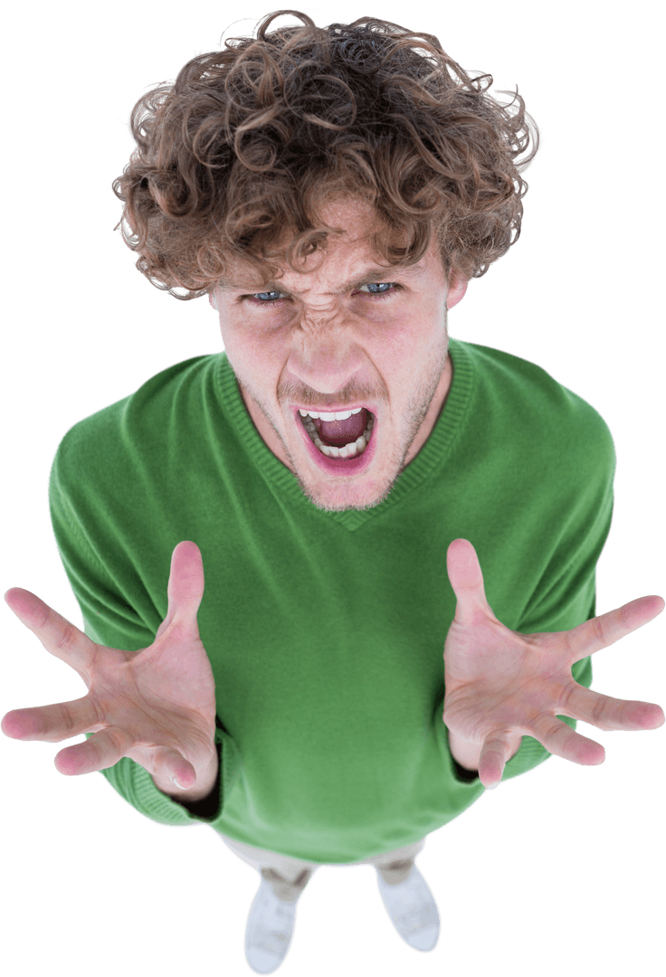 Transparent Furious Man Screaming in Green Sweater