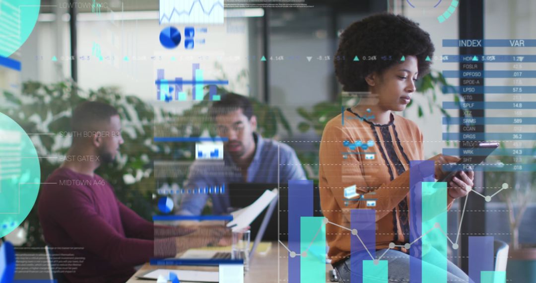 Analytical African American Woman Analyzing Data on Tablet in Office