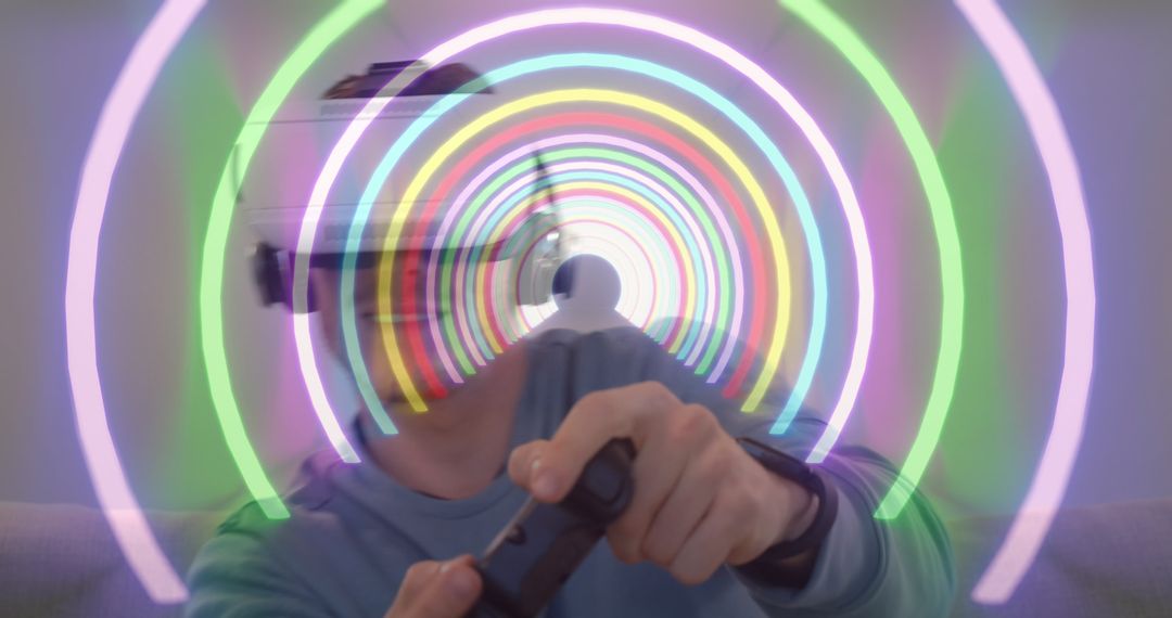 Diving into the Future: Man Experiencing Virtual Reality with Neon Lights