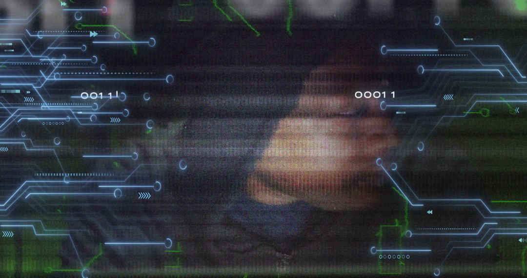 Digital World with Binary Code Overlays & Hooded Figure