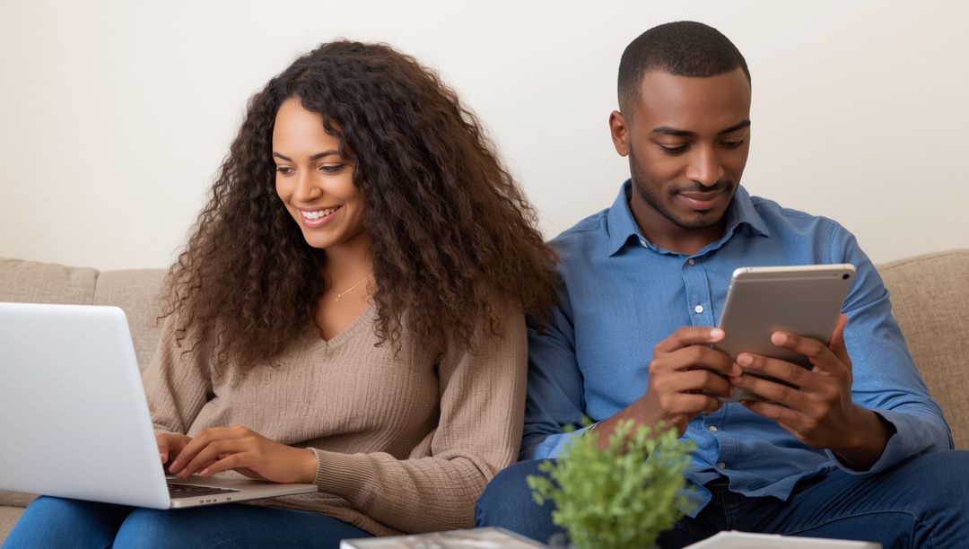 Couple Enjoying Technology Together in Cozy Living Room Setting