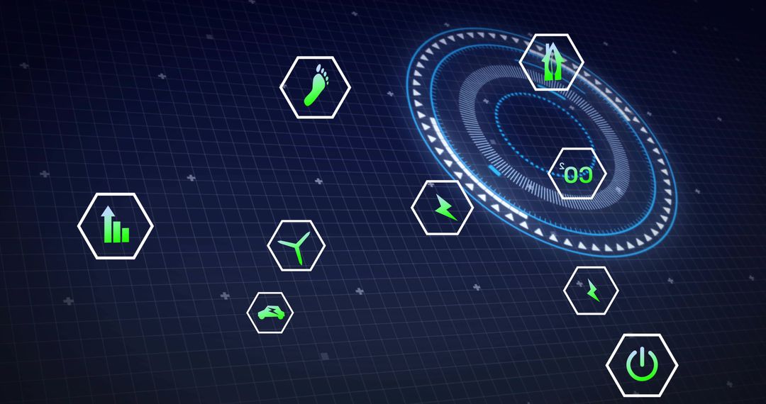 Holographic Circular HUD with Hex Icon Tiles for Renewable Energy and Tech Dashboards