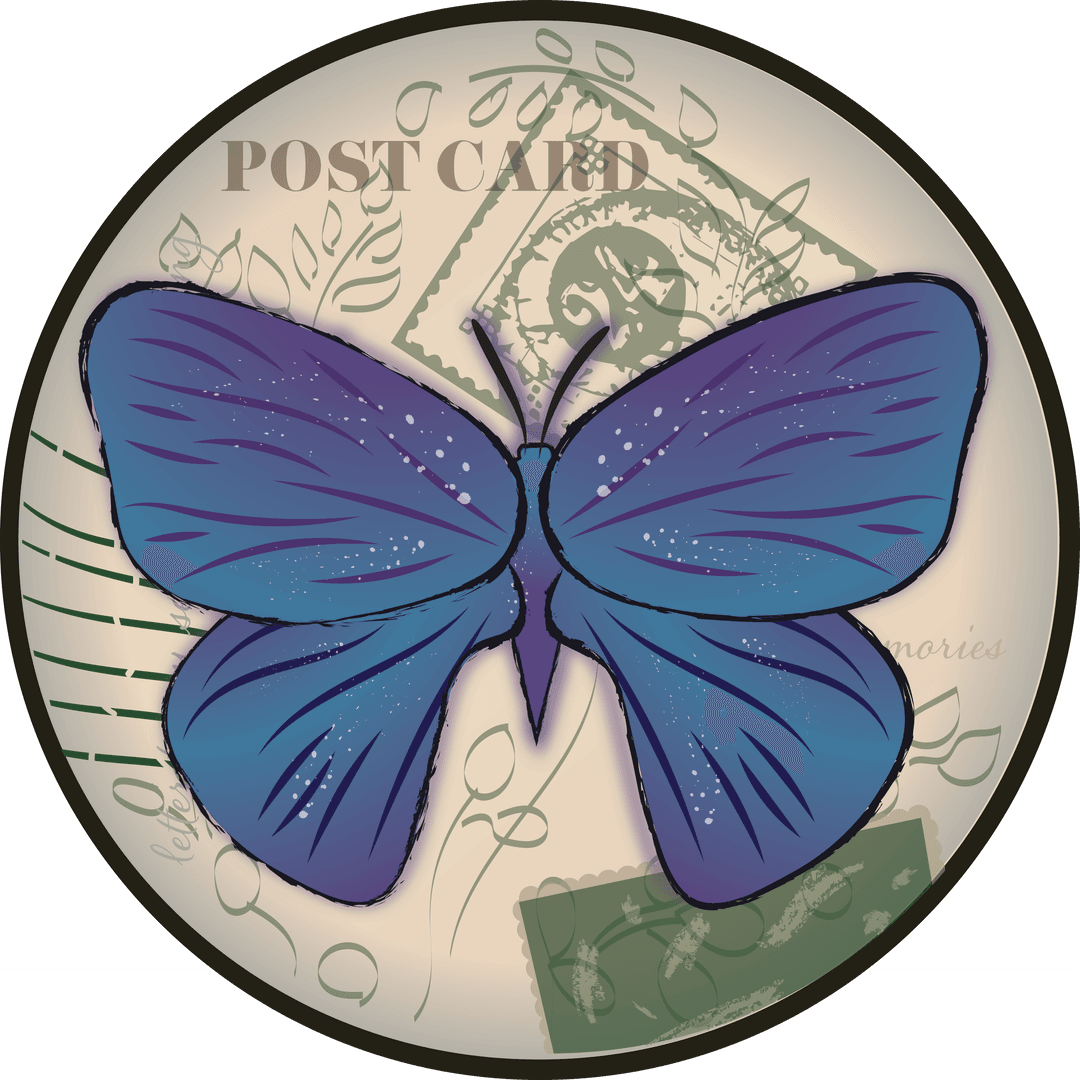 Elegant Blue Butterfly with Postcard Accents on Transparent Background