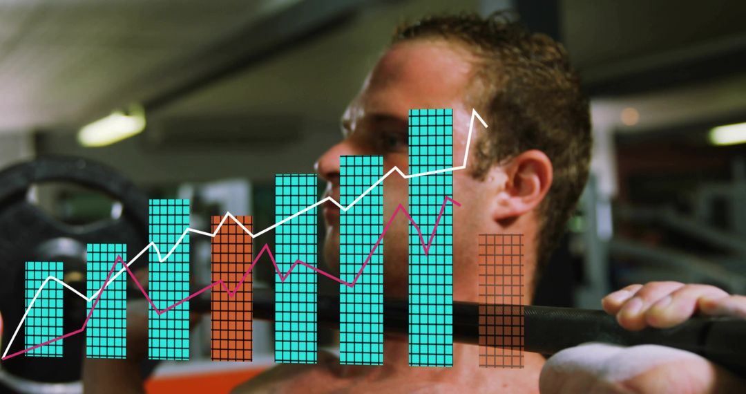 Male weightlifter performing barbell squat with turquoise bar chart and rising line graph overlay