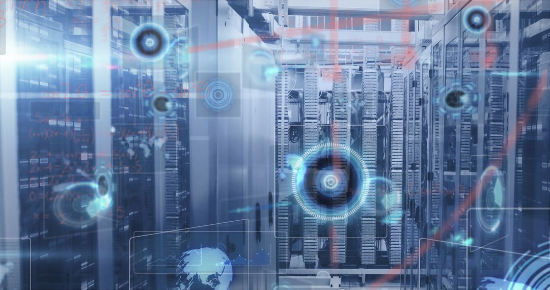 Futuristic Data Center with Holographic Overlays and Connectivity Elements