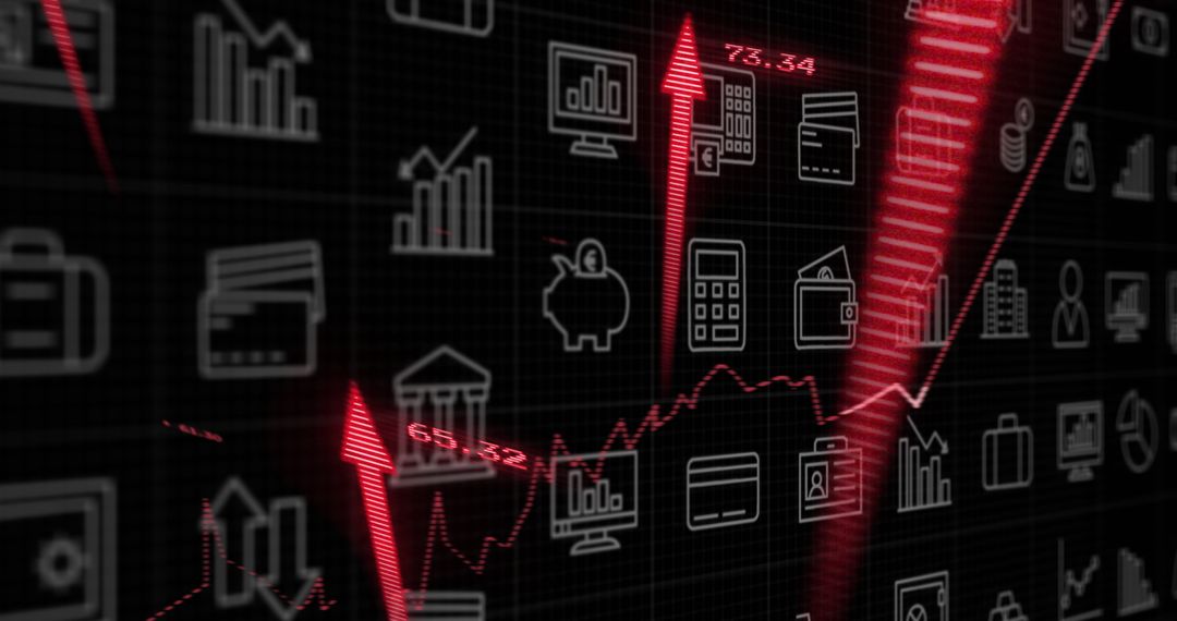 Financial Icons and Stock Market Graph Showing Economic Data Trends