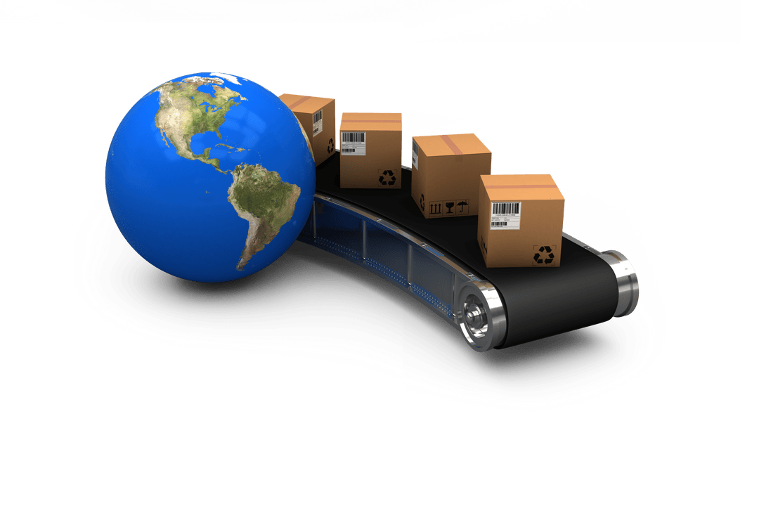 Transparent Illustration of Globe with Moving Cardboard Boxes
