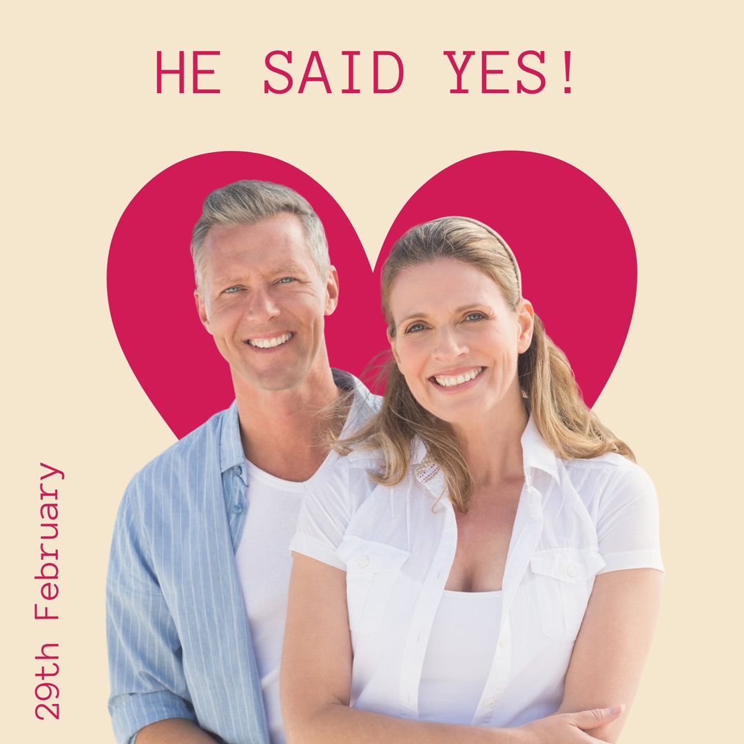 Joyful Couple Celebrating Engagement with Heart Symbol