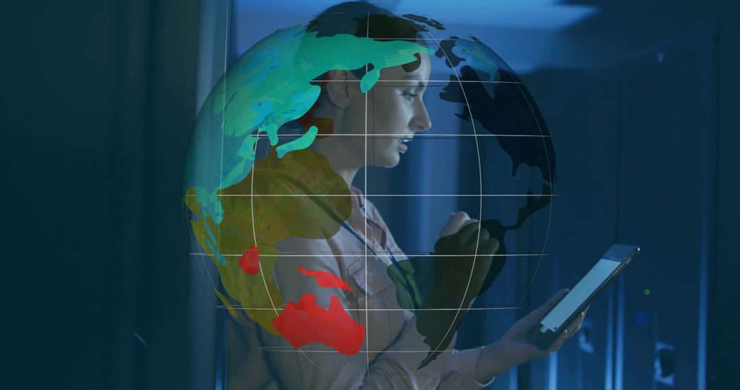 Technician Monitoring Networks with Digital Globe Projection