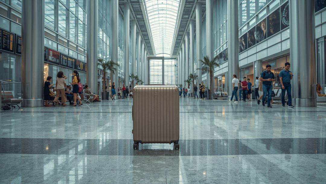 Hardshell Suitcase Standing Centered in Modern Airport Terminal with Reflective Floor