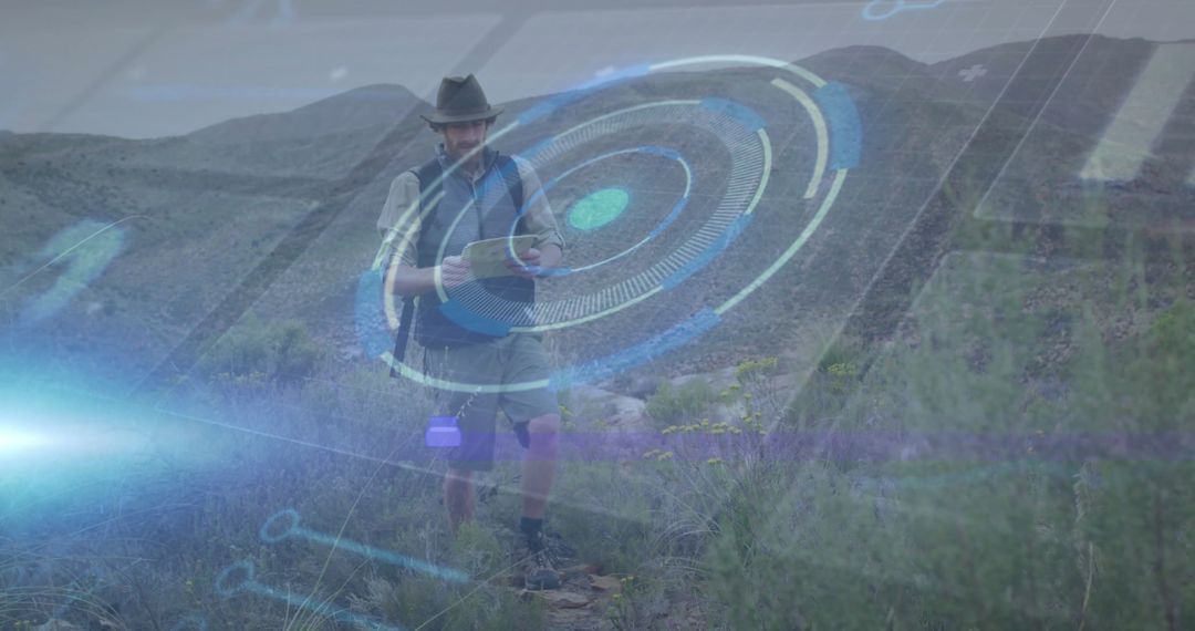 Hiker Navigating Desert Landscape with Digital Overlay Technology