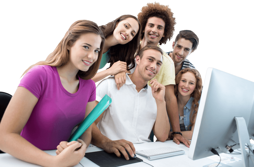 Transparent Smiling Students in Computer Class Collaborating Together