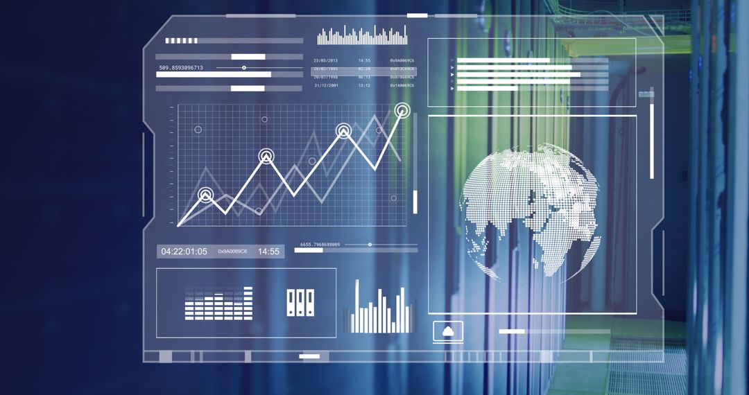 Futuristic Digital Data Overlaps Modern Server Room