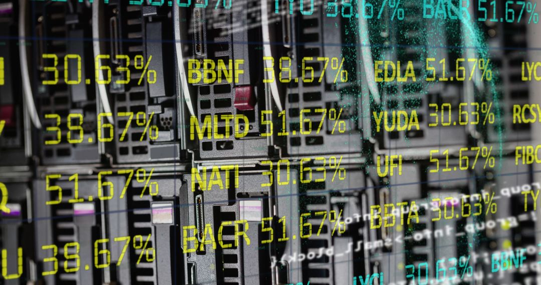 Digital Data Overlay on Server Room With Stock Market Figures