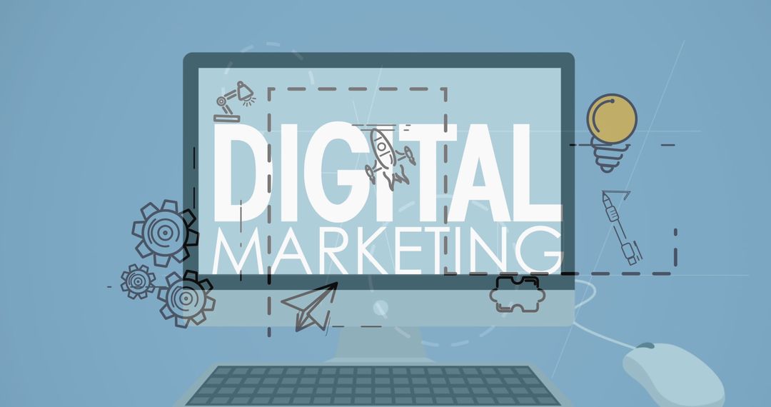 Digital Marketing Screen with Technology Icons in Blue