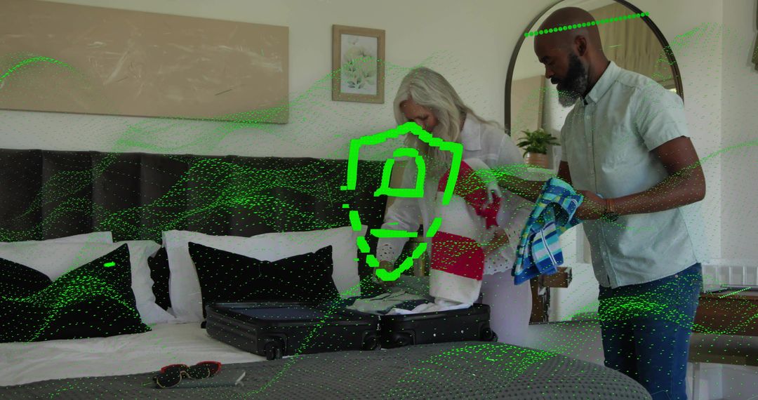 Senior Couple Packing for Trip in Bedroom with Open Suitcase and AR Overlay Technology