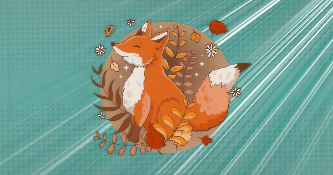 Whimsical fox in autumn foliage with teal texture