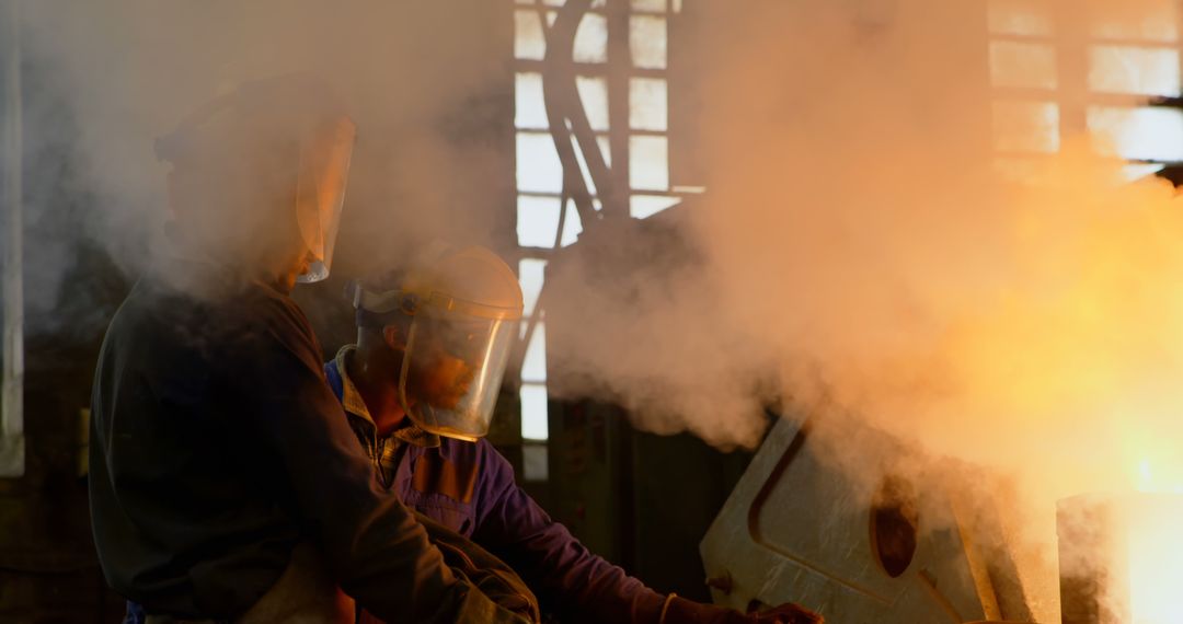 Industrial Workers Handling Molten Metal in Foundry - Free Images, Stock Photos and Pictures on Pikwizard.com