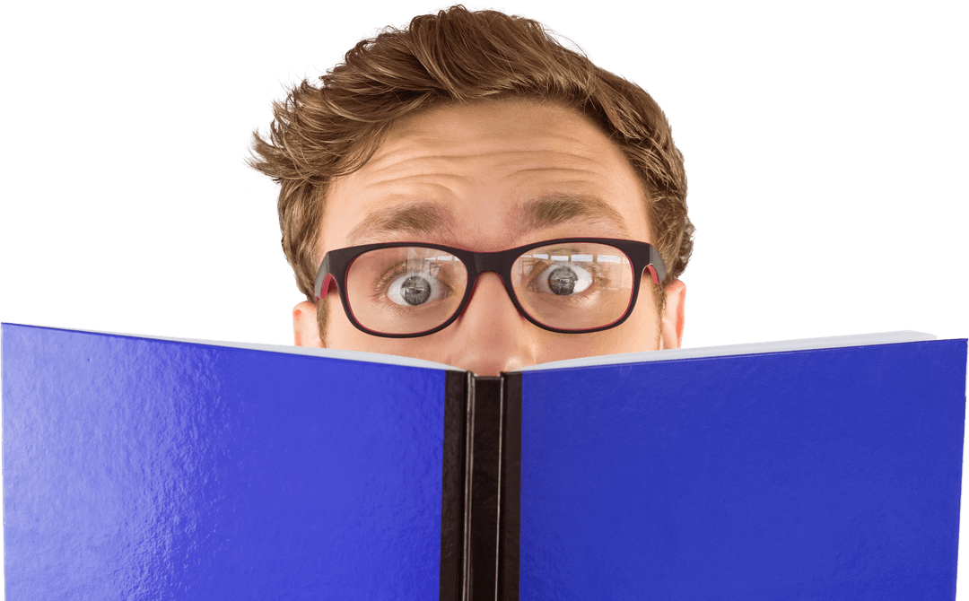 Geeky Student Surprisedly Reading Blue Transparent Book