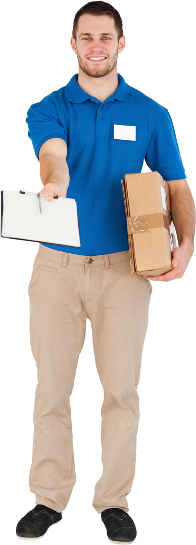 Courier Delivering Parcel with Clipboard for Signature on Transparent Background - Download Free Stock Images Pikwizard.com