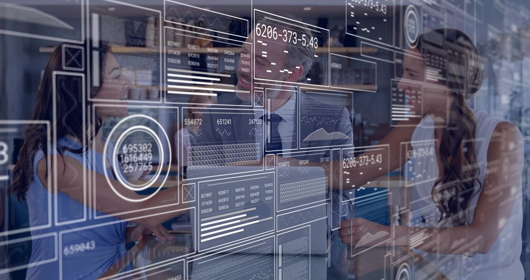 Collaborative Business Professionals Analyzing Data on Transparent Screen