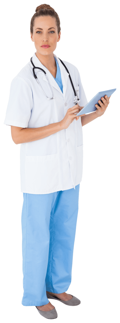 Transparent Nurse Engaging with Tablet Technology for Efficient Care