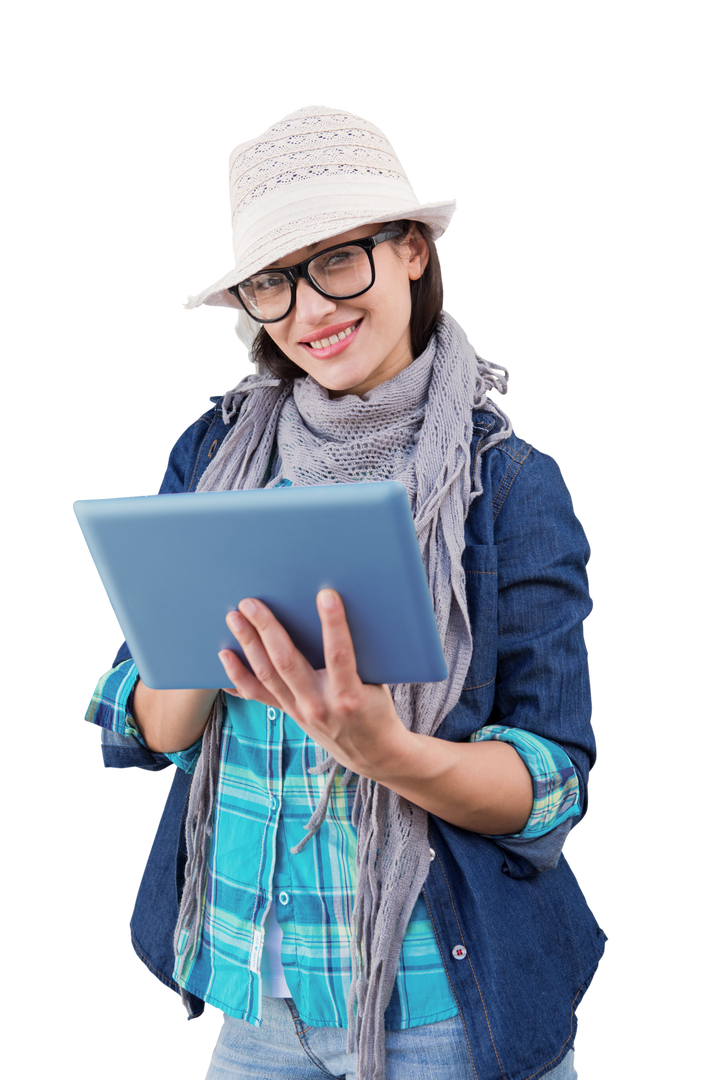 Smiling Biracial Woman Using Tablet on Transparent Background - Download Free Stock Images Pikwizard.com