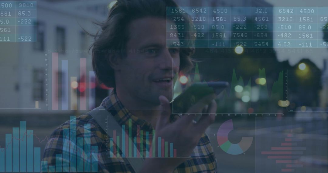 Smiling Man Using Smartphone in Urban Environment with Graphical Overlays