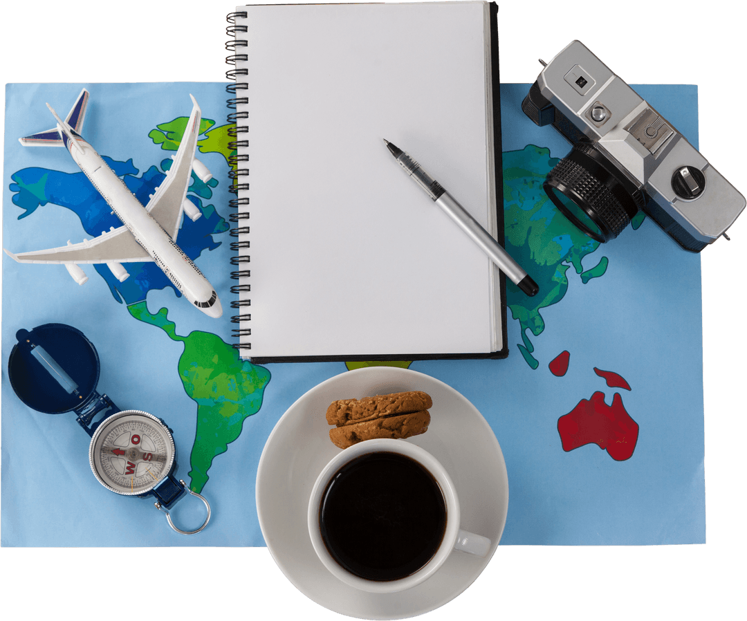 Transparent Travel Arrangement with Notebook and Camera Image