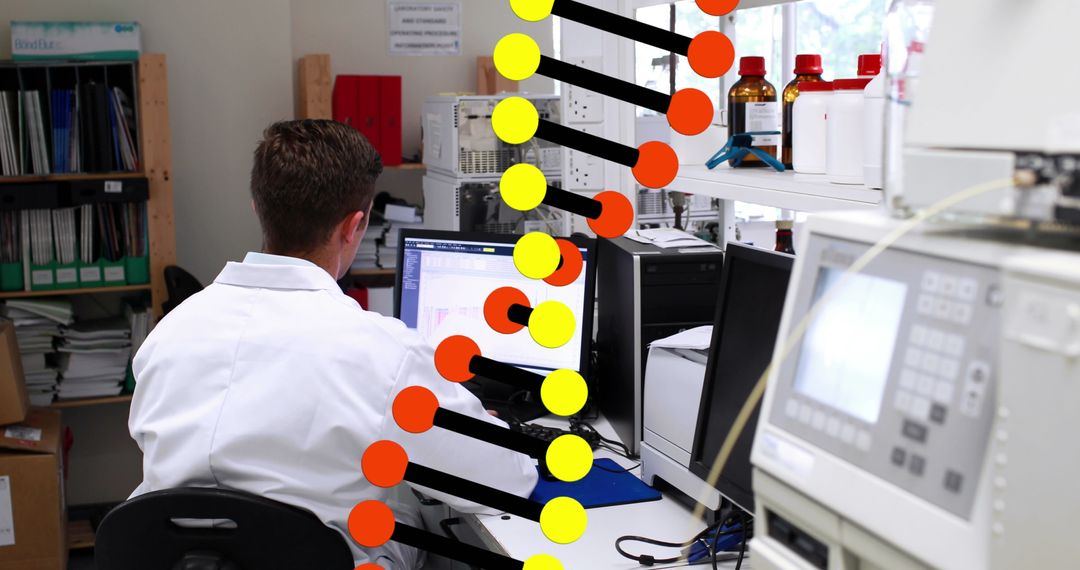 Scientist Analyzing Data with DNA Graphic Overlay in Laboratory