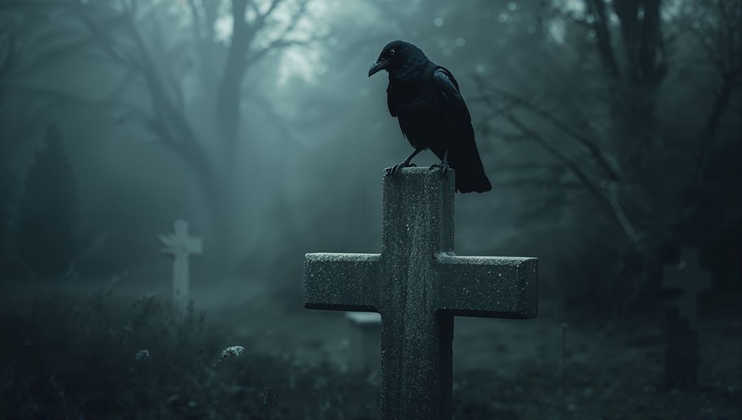 Black Crow Perching on Cross in Misty Cemetery at Dawn
