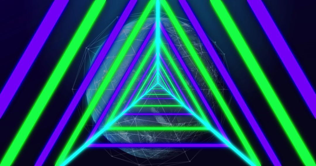 Futuristic Data Processing with Neon Shapes and Digital Globe