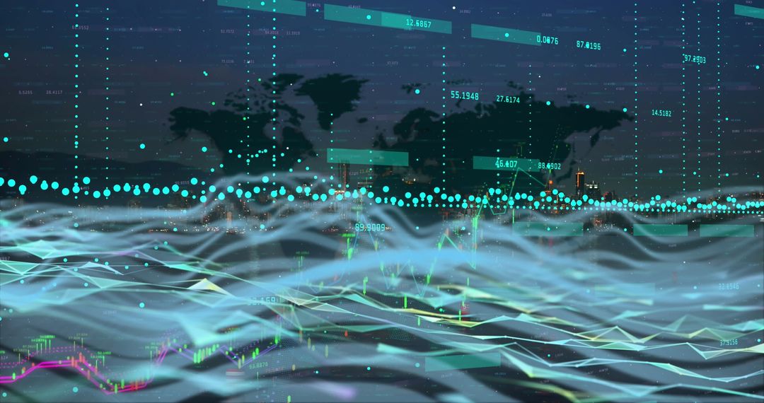 Digital Data Overlays on World Map in Futuristic Design