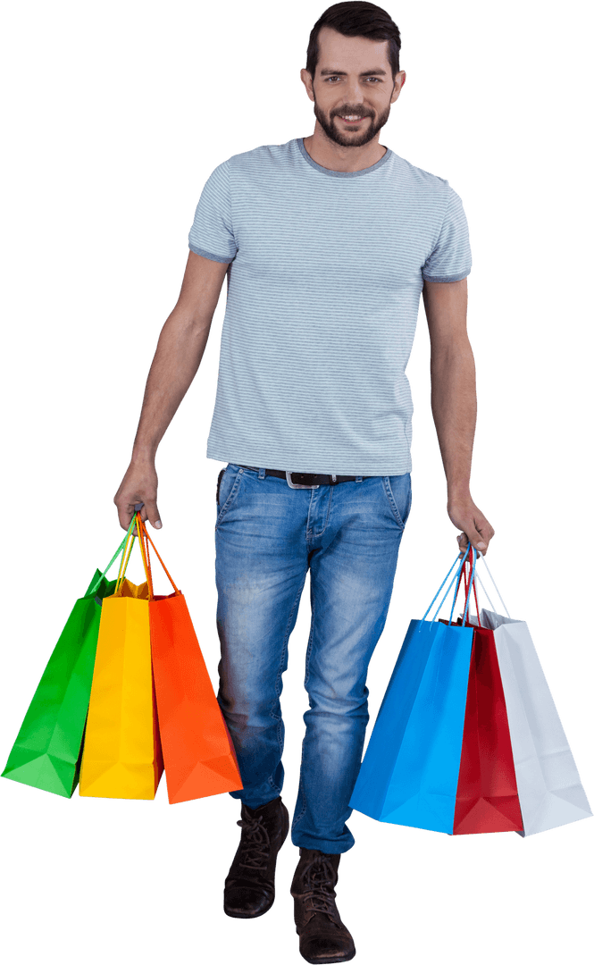 Young Man Enjoying Shopping with Colorful Bags Transparent Background