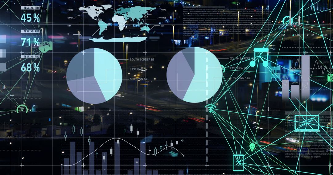 Futuristic Data Visualization Overlay on Urban Nighttime Highway