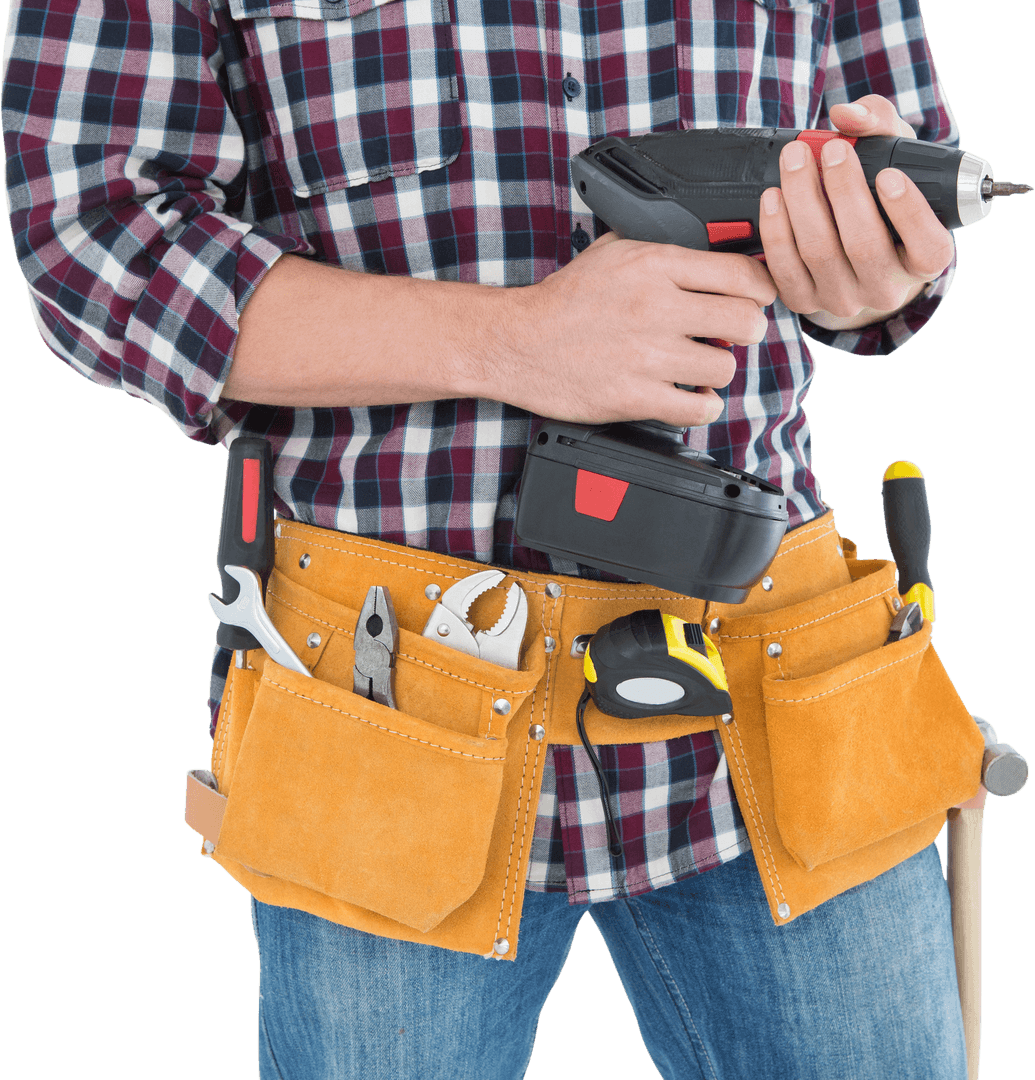 Transparent Background Handyman with Power Drill and Tool Belt