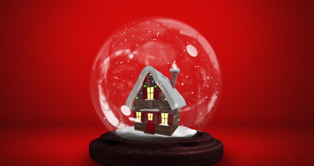 Festive Snow Globe with Snow-Covered House on Red Background
