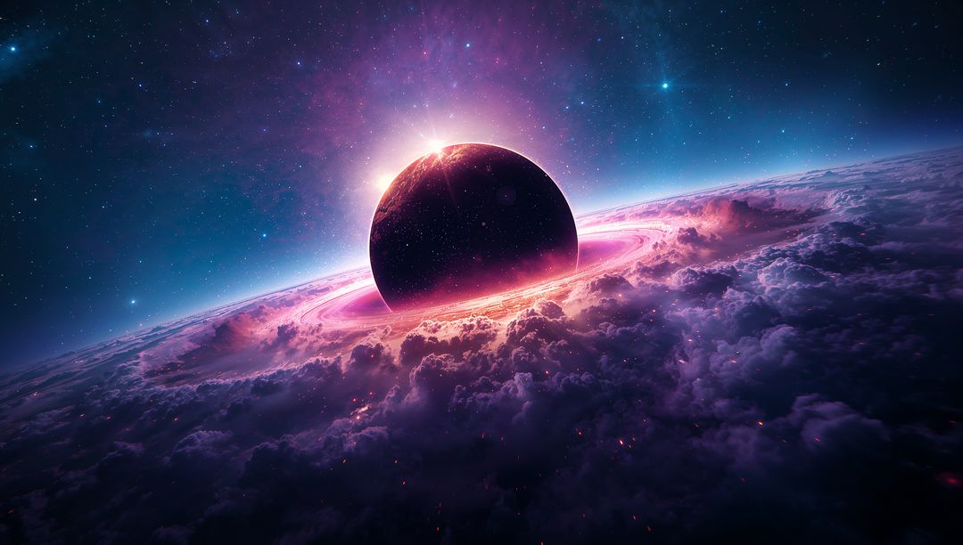 Ethereal Cosmic Scene with Mysterious Planet and Colorful Nebula