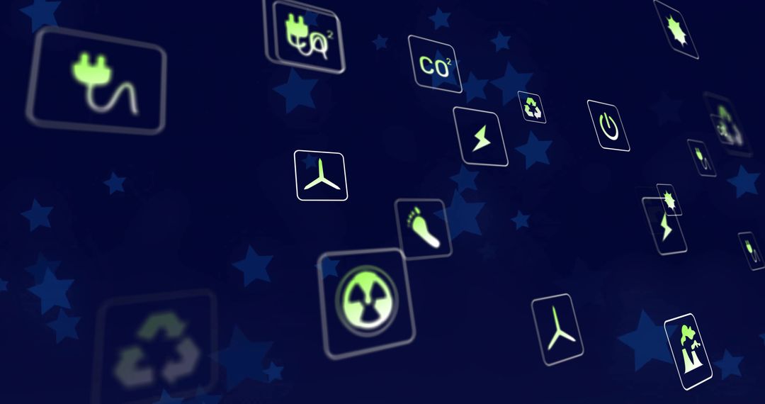 Futuristic Floating Icons Highlighting Green Energy Symbols on Blue Background