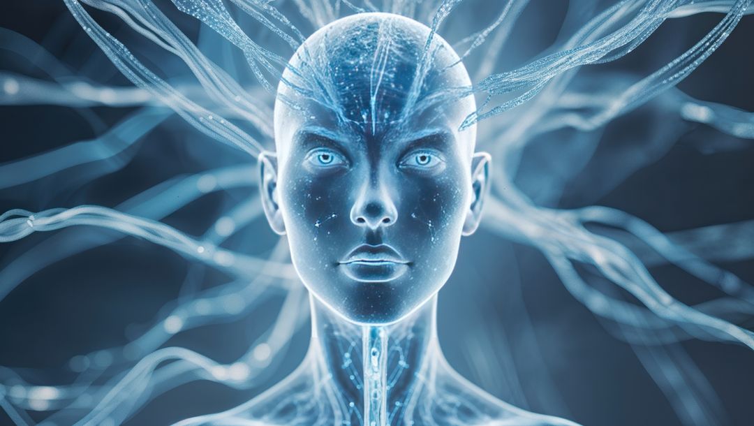 Futuristic AI Head with Glowing Data Lines and Neural Networks