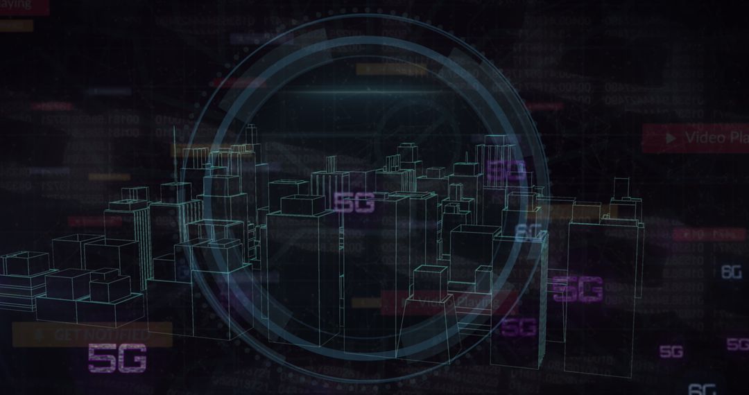 Futuristic Digital Interface with Urban Skyline and 5G Concept
